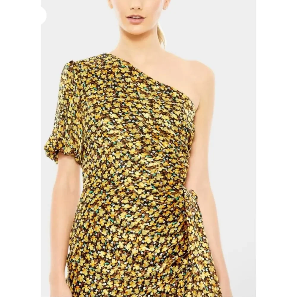 Mac Duggal Black Floral Print Draped One Sleeve Ruffled Hem Dress size 2